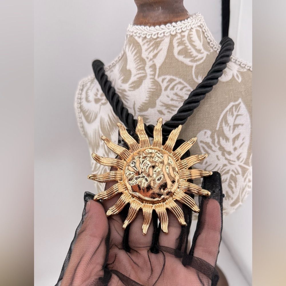 Statement Sun Pendant Necklace – Gold-Tone with Black Cord - Picture 9 of 11